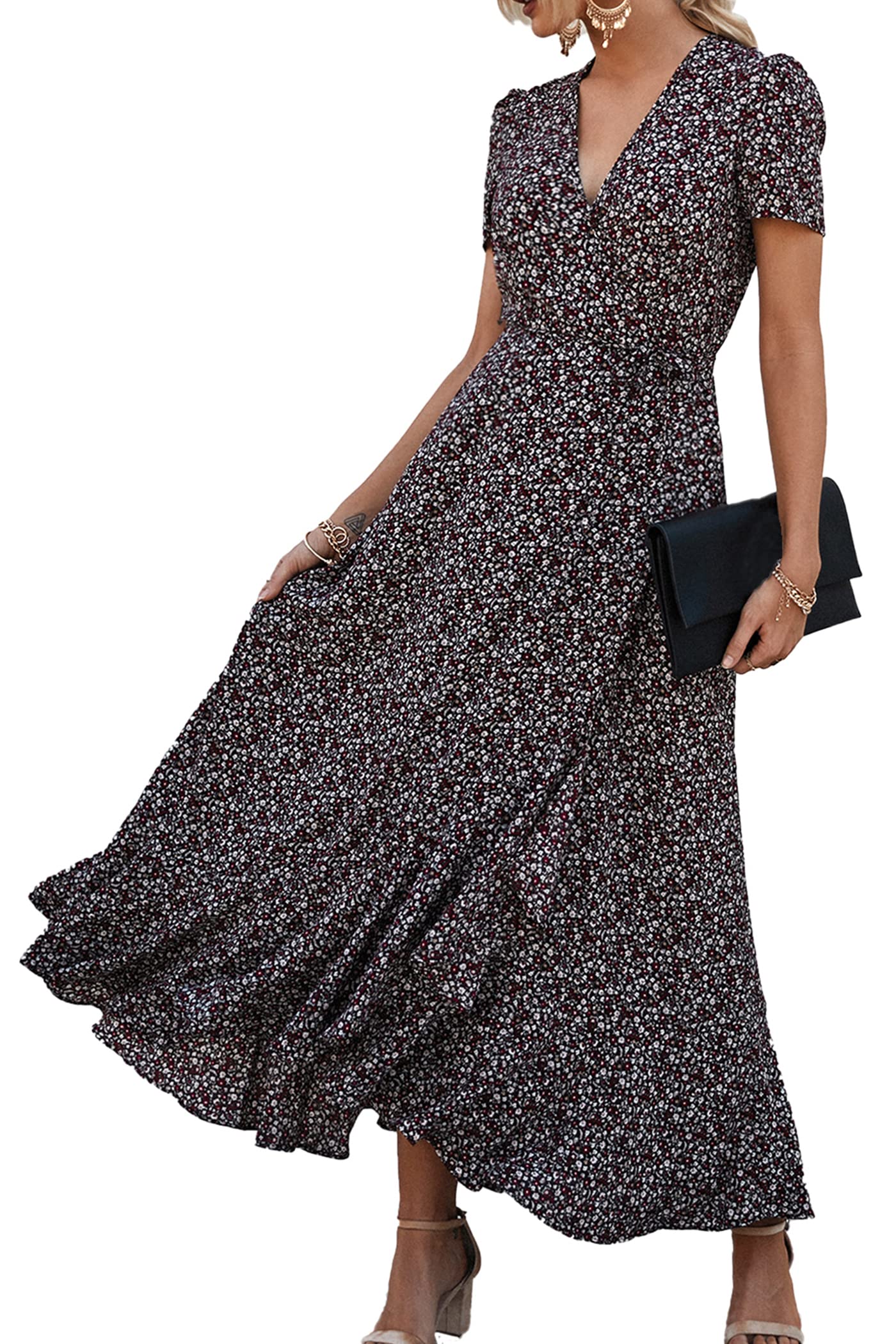 Women's Boho Floral Maxi Dress – Short Sleeve Wrap V-Neck Long Beach Dress
