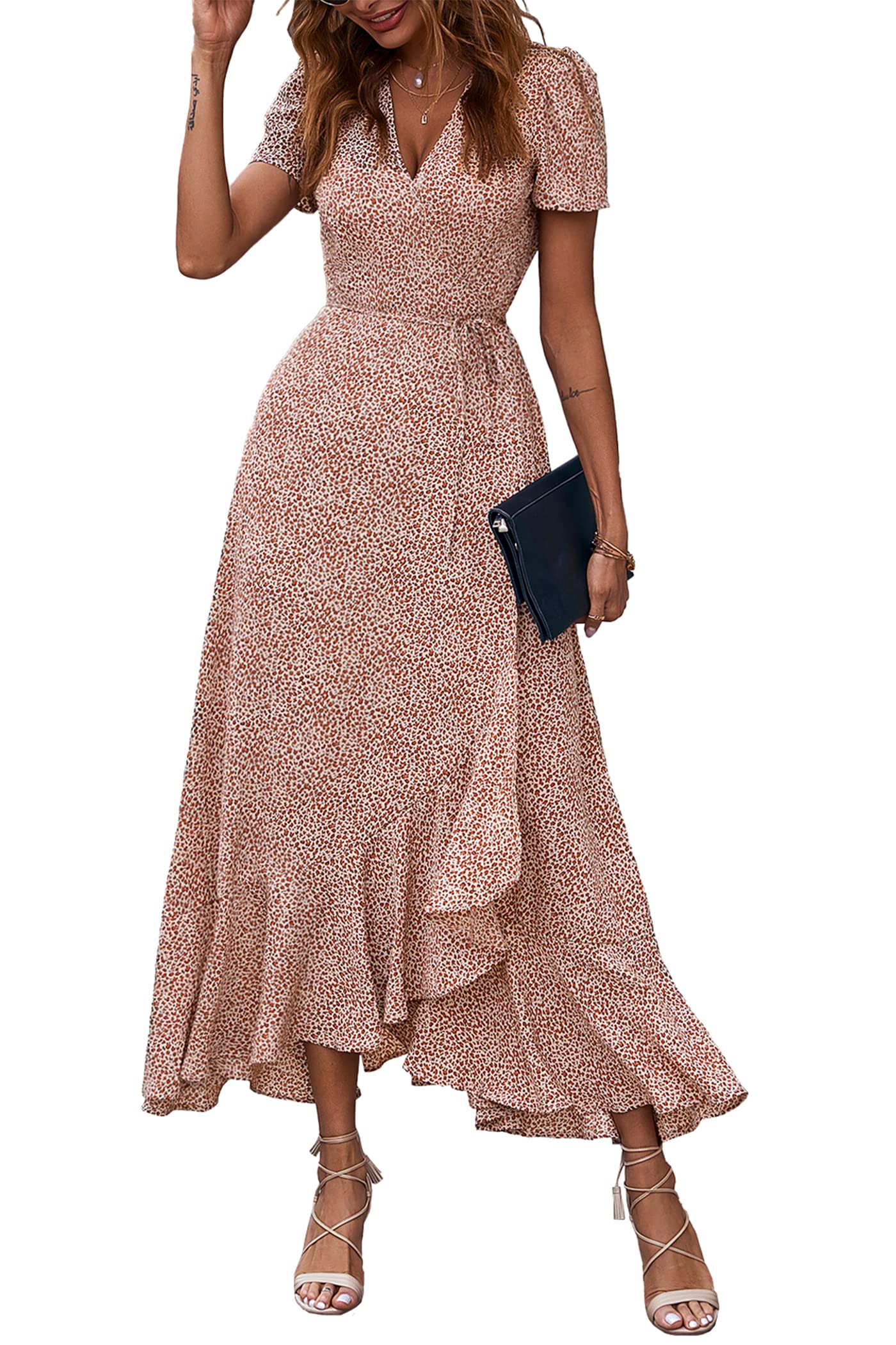 Women's Boho Floral Maxi Dress – Short Sleeve Wrap V-Neck Long Beach Dress