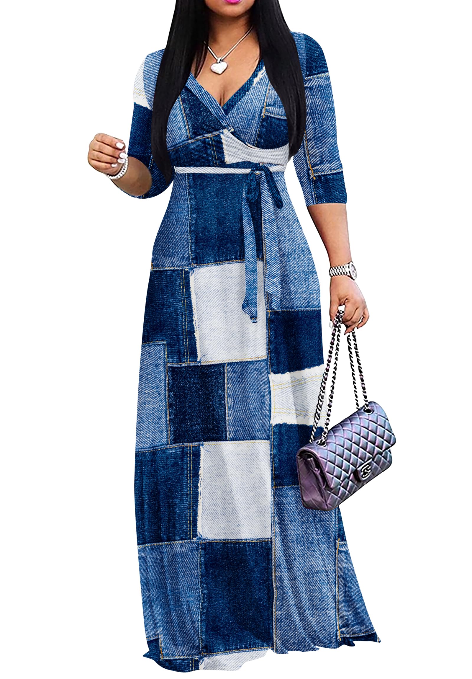 FANDEE Plus Size Maxi Dress for Women – Boho Floral V-Neck 3/4 Sleeve Summer Sundress