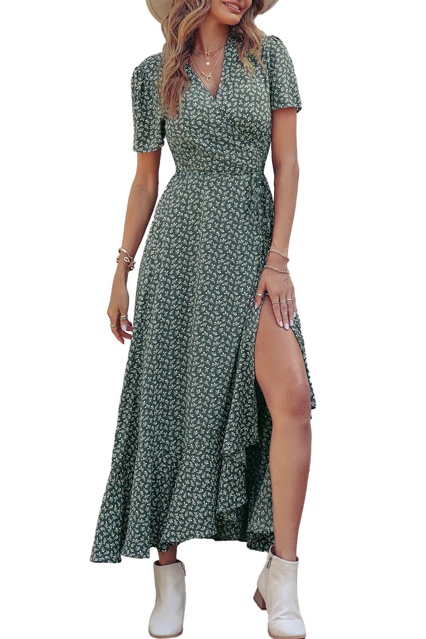 Women's Boho Floral Maxi Dress – Short Sleeve Wrap V-Neck Long Beach Dress