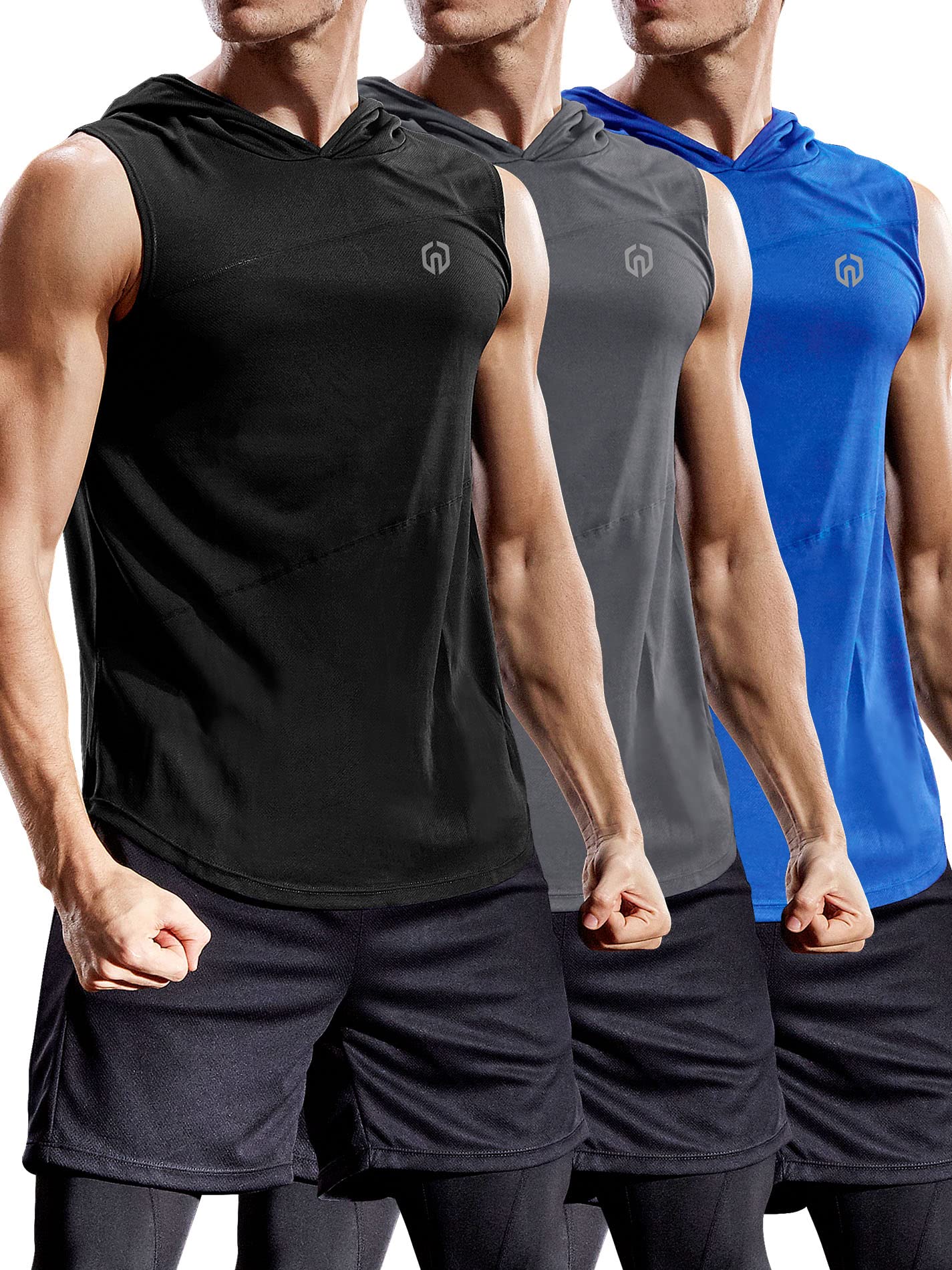 NELEUS Men's Dry Fit Hooded Muscle Tank Top - Athletic Workout Running Shirt 3-Pack