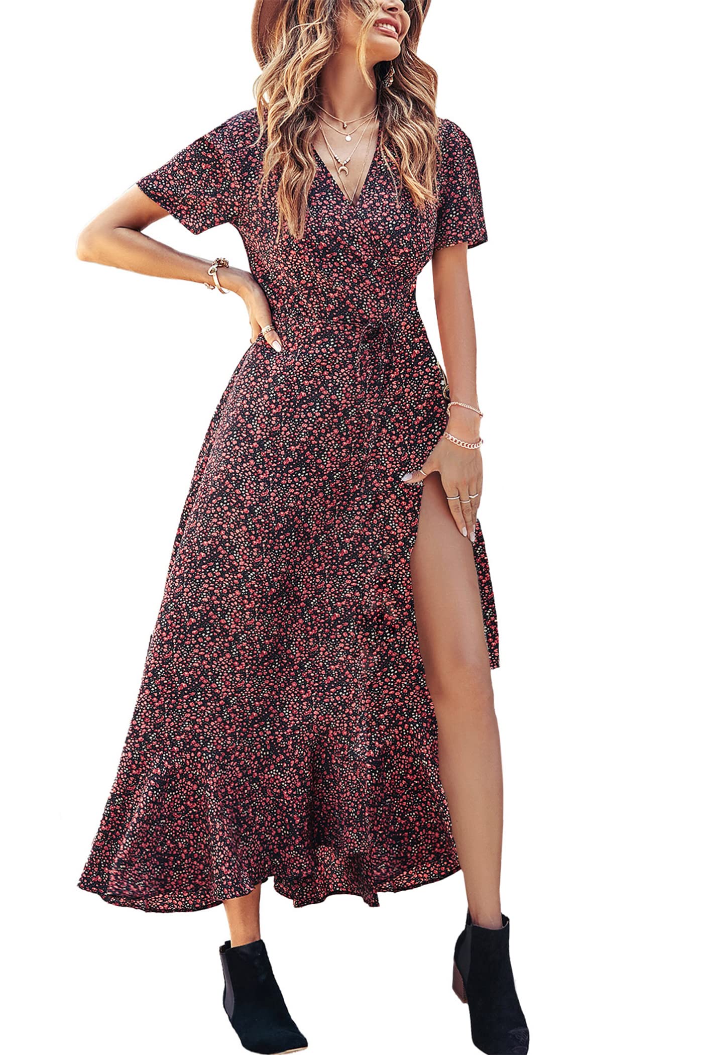 Women's Boho Floral Maxi Dress – Short Sleeve Wrap V-Neck Long Beach Dress
