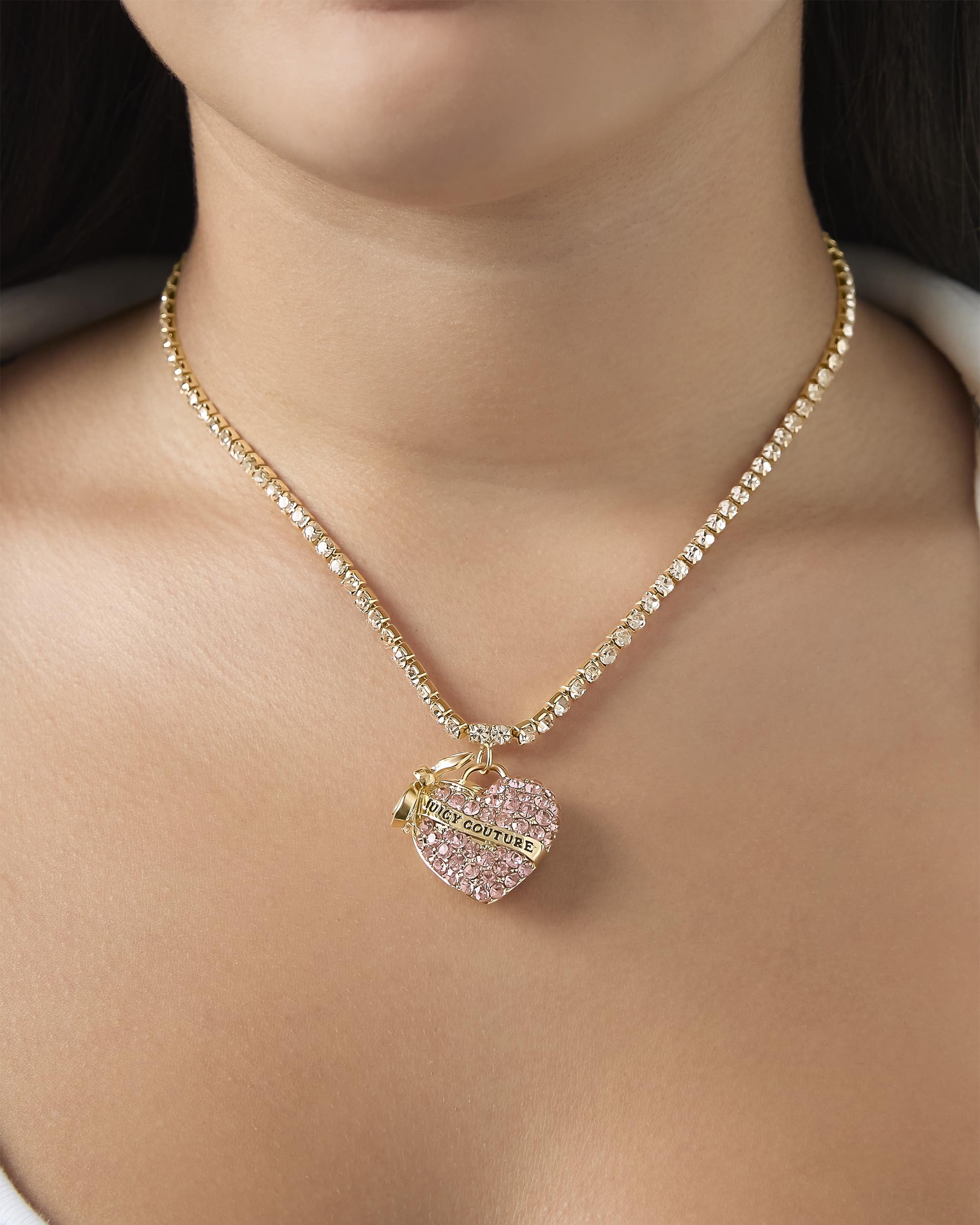 Juicy Couture Pink Pavé Crystal Heart Tennis Necklace | 16"+2" | Y2K Gift for Her
