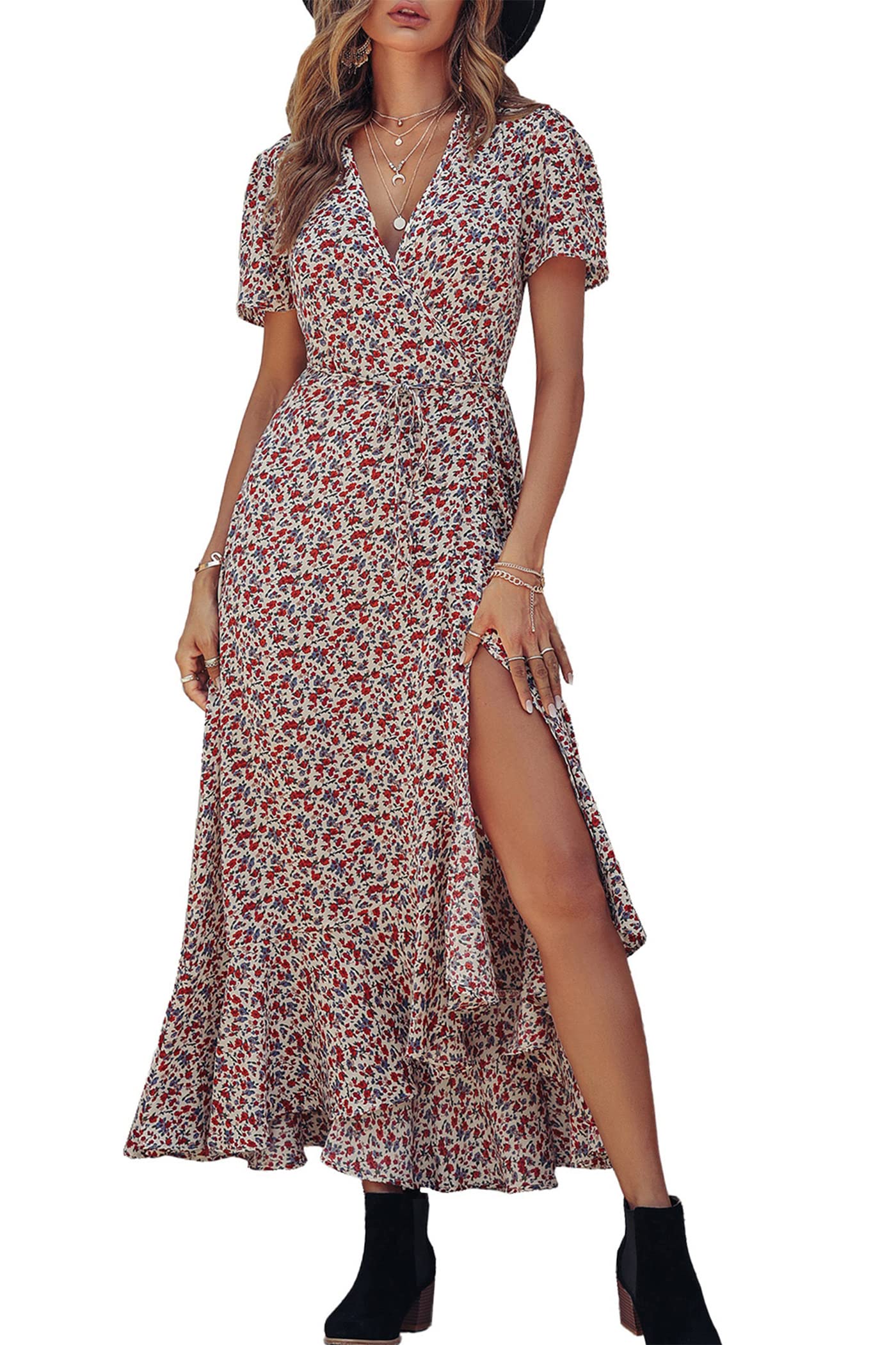 Women's Boho Floral Maxi Dress – Short Sleeve Wrap V-Neck Long Beach Dress