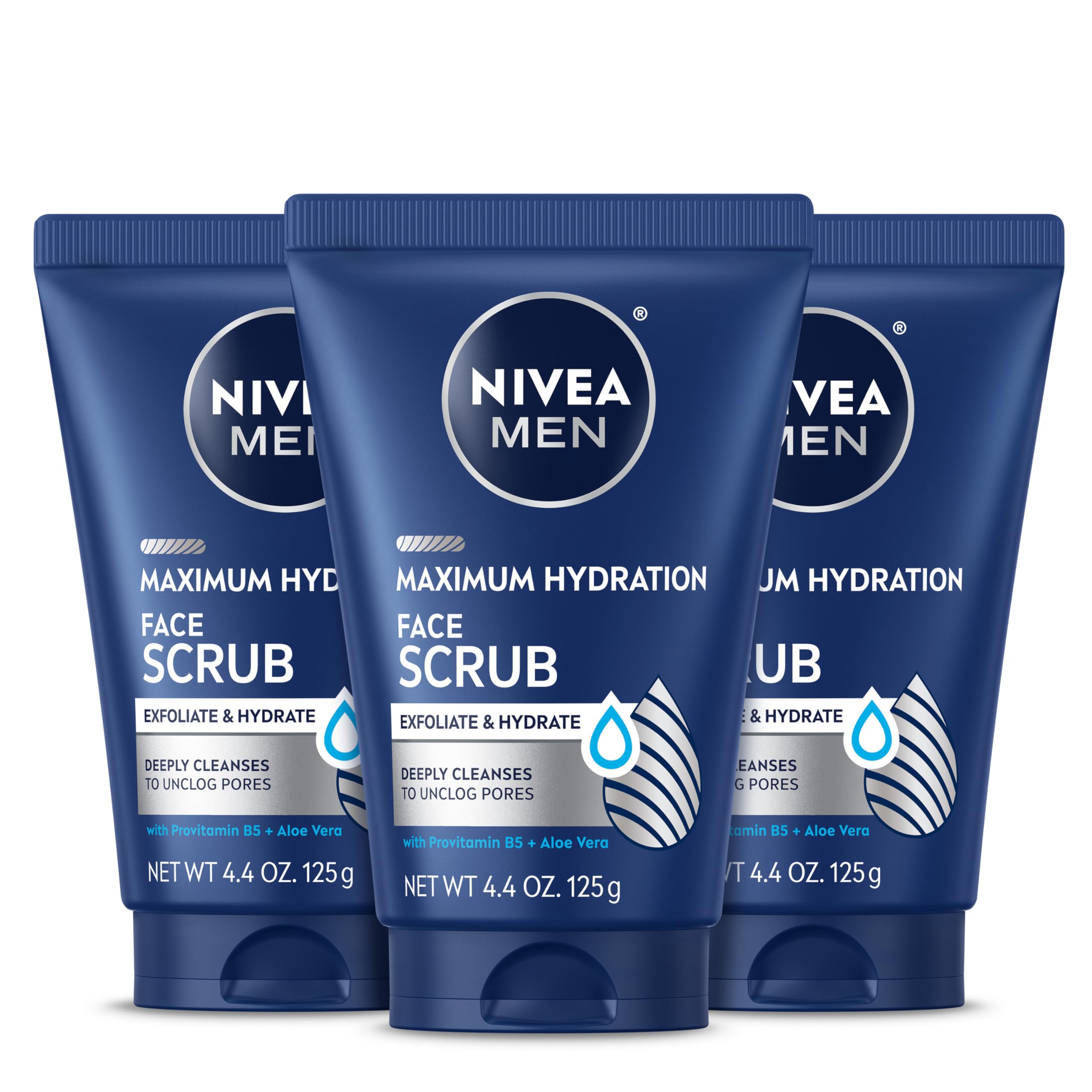 NIVEA MEN Maximum Hydration Face Scrub with Provitamin B5 and Aloe Vera, Exfoliating Face Wash Deeply Cleanses to Unclog Pores, 4.4 Oz Tube, Pack of 3