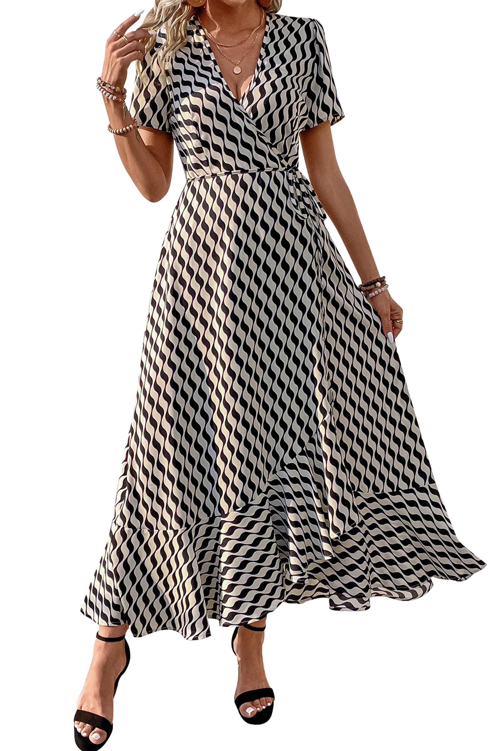 Women's Boho Floral Maxi Dress – Short Sleeve Wrap V-Neck Long Beach Dress