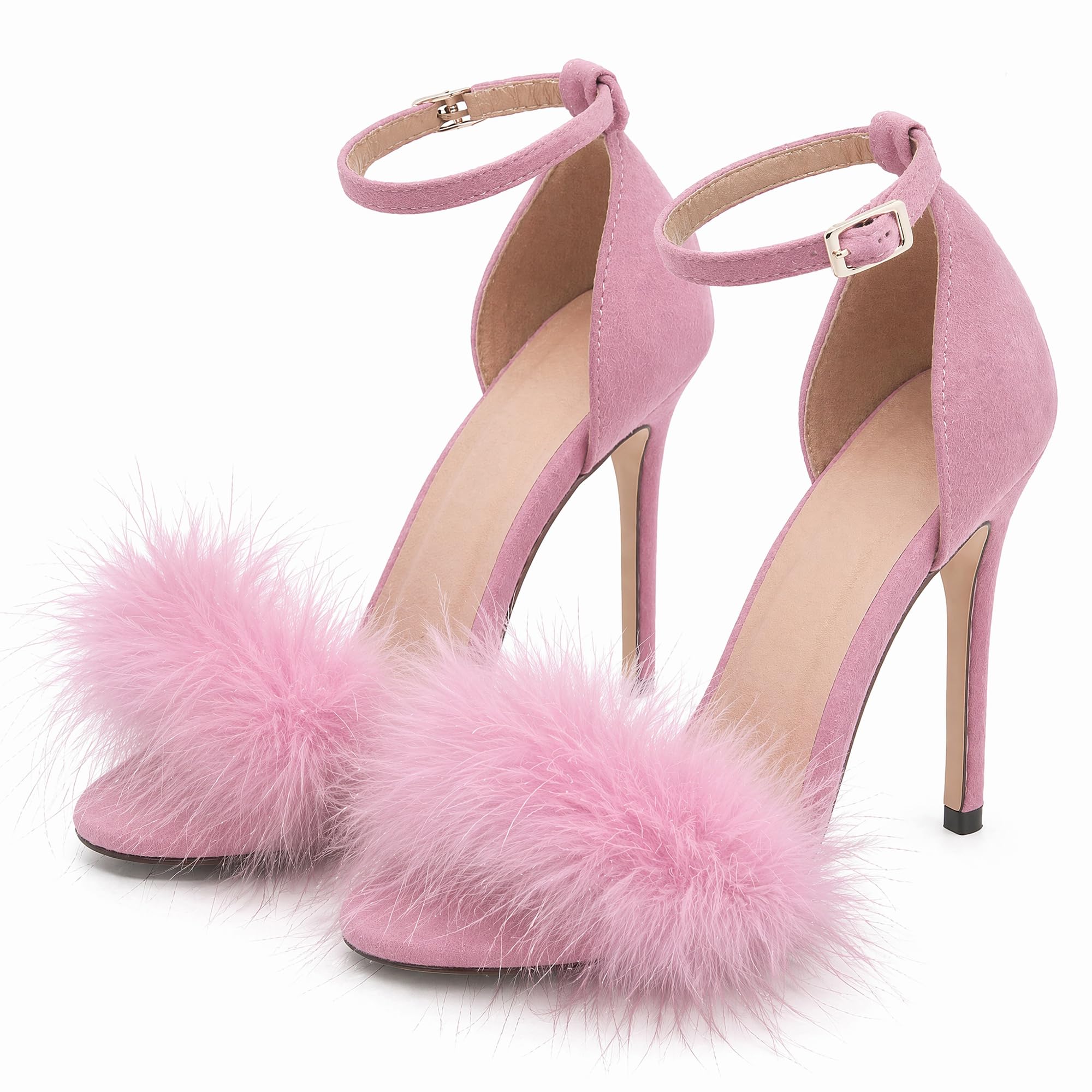 YIBLBOX Women's Feather Fur Stiletto Heels - Open Toe Ankle Strap Sandals