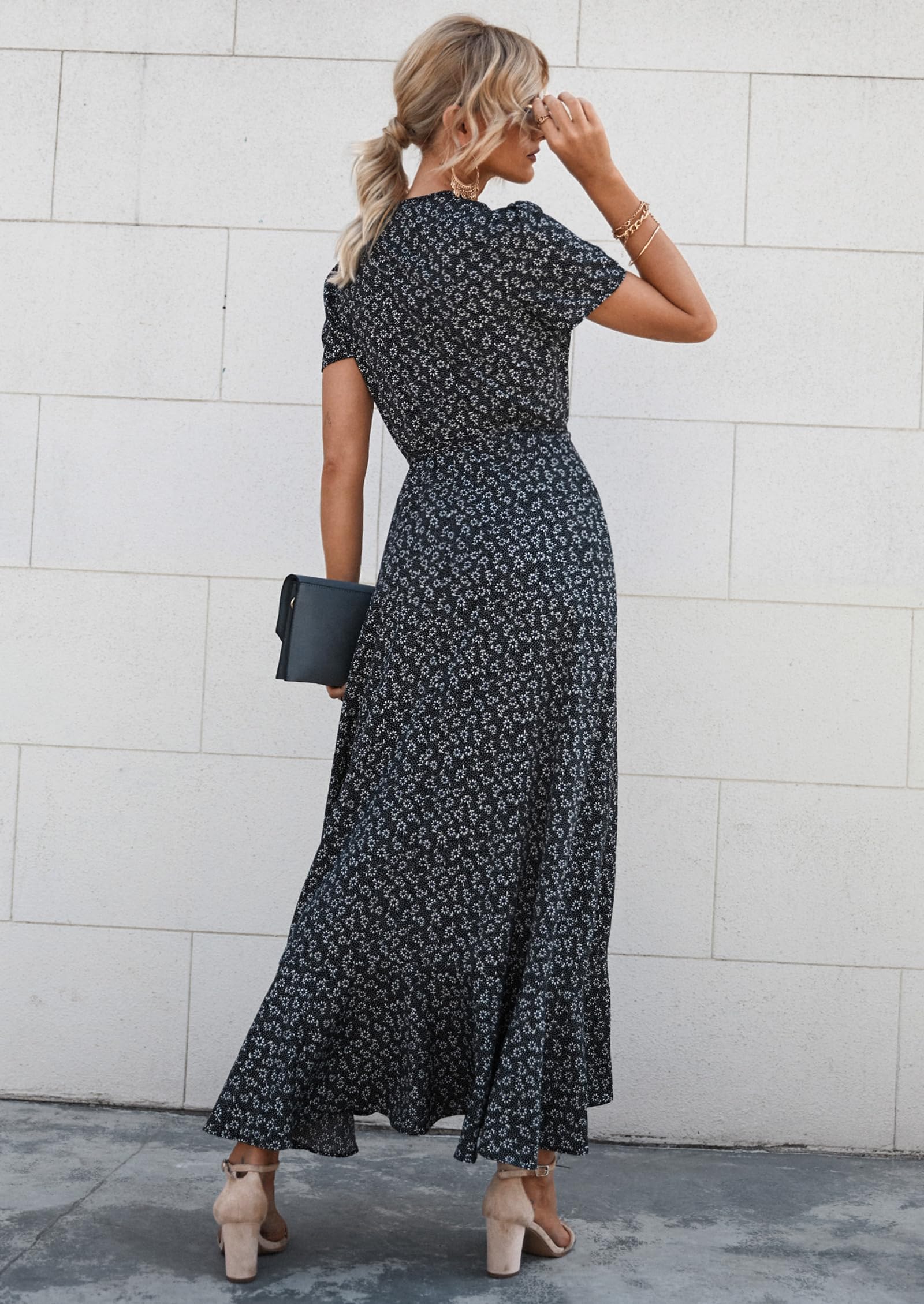 Women's Boho Floral Maxi Dress – Short Sleeve Wrap V-Neck Long Beach Dress