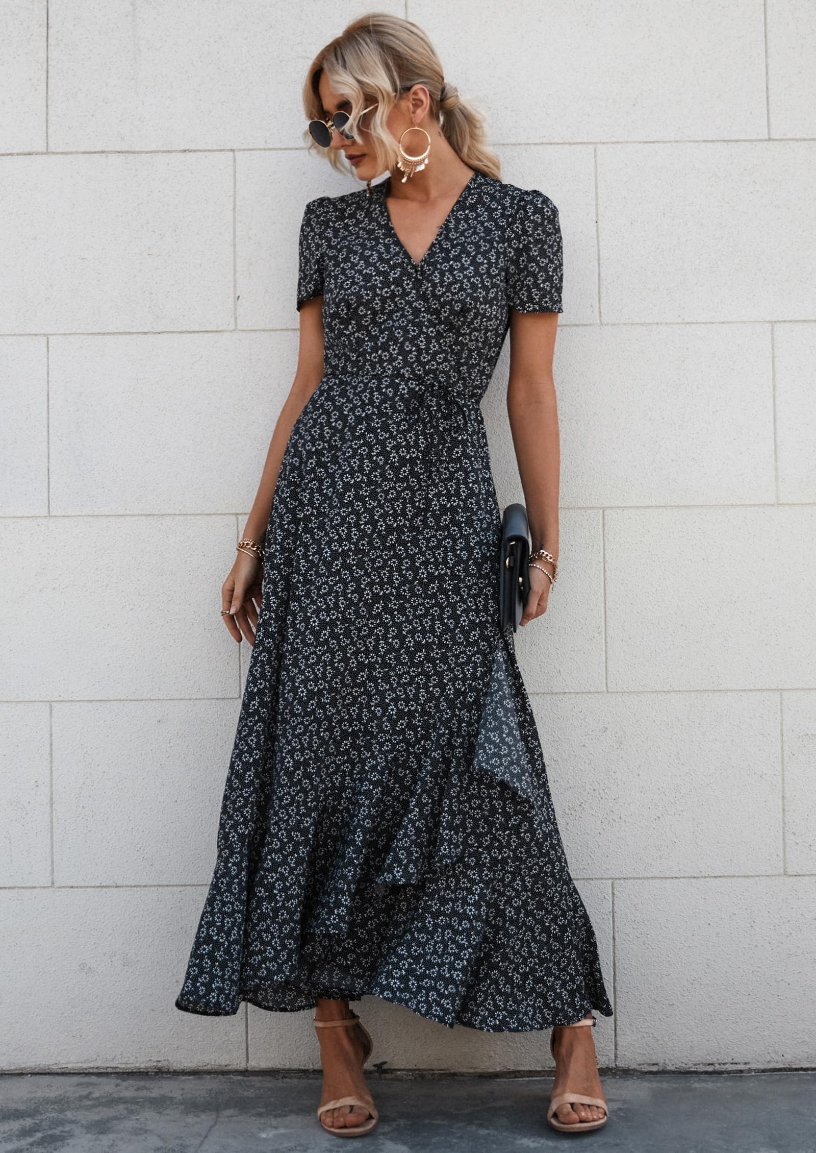 Women's Boho Floral Maxi Dress – Short Sleeve Wrap V-Neck Long Beach Dress