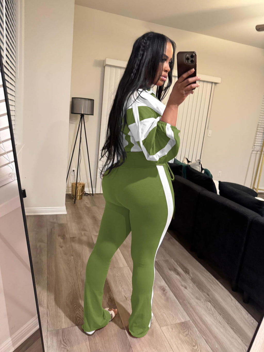 Women's 2 Piece Color Block Zip Jacket and Flare Pants Set