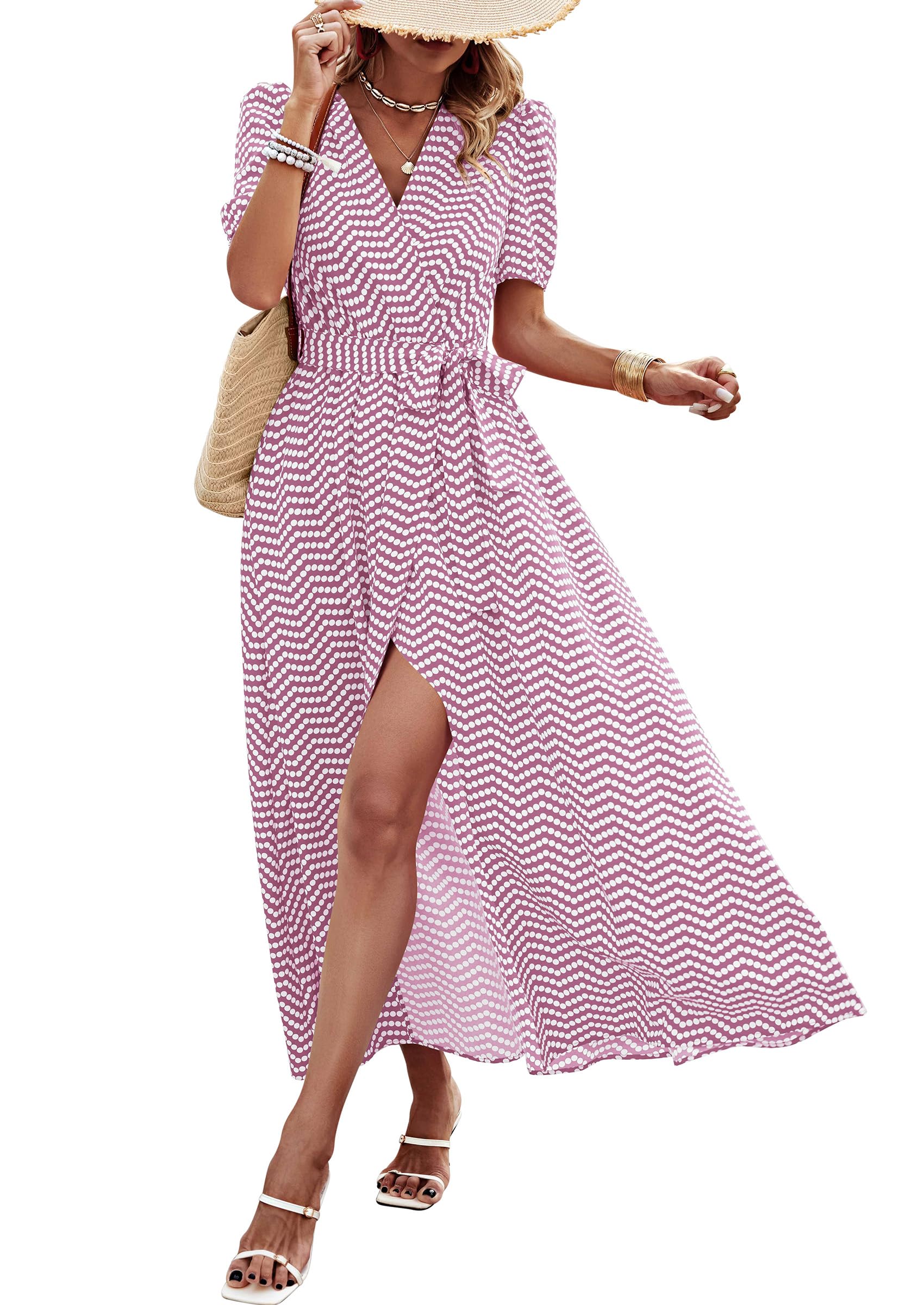 Women's Boho Floral Maxi Dress – Short Sleeve Wrap V-Neck Long Beach Dress