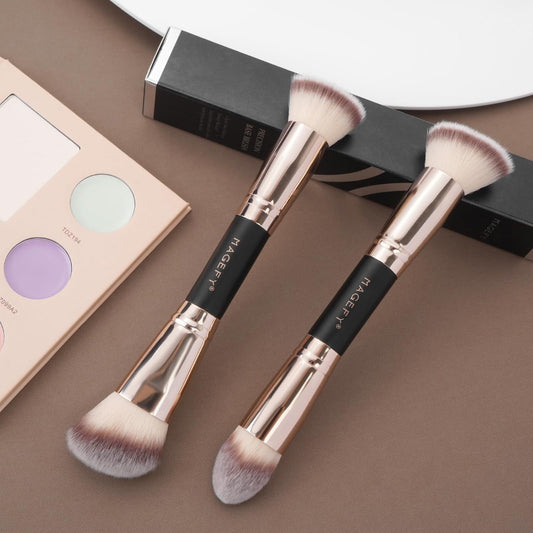 Foundation Makeup Brushes, 2Pcs Premium Double-Ended Makeup Brush (Flat/Angled/Angled Round/Tapered Top) for Buffing Liquid, Cream, Powder, Blending Contour Face Brush