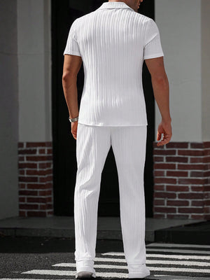 Manfinity Casualcool Men'S Solid Color Short Sleeve Single-Breasted Shirt and Pants Casual Suit White Men'S Outfit Men'S White Outfits Men'S 2 Pieces Outfits White