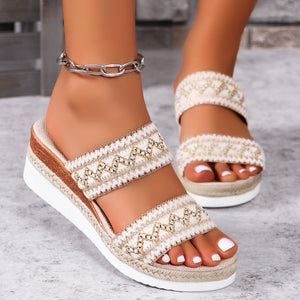 Fashion Wavy Pattern Woven Sandals Summer Casual Ethnic Style Slippers Linen Bottom Wide Strap Wedges Shoes For Women - Dazzling Beauty Solution