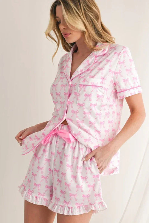 Bowknot Shirt and Ruffle Hem Shorts Pajama Set - Dazzling Beauty Solution