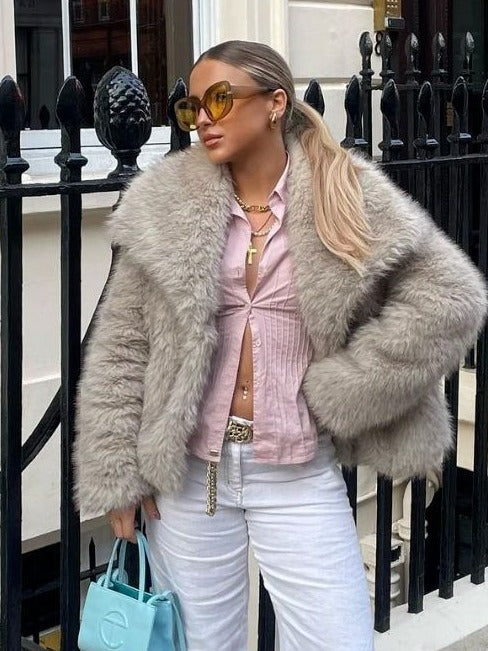 Winter Plush Coat Fashion Warm Thicken Fluffy Lapel Jacket Outwear Casual Long Sleeve Tops Womens Clothing - Dazzling Beauty Solution