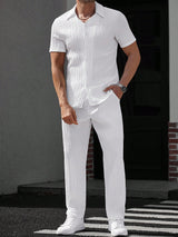 Manfinity Casualcool Men'S Solid Color Short Sleeve Single-Breasted Shirt and Pants Casual Suit White Men'S Outfit Men'S White Outfits Men'S 2 Pieces Outfits White