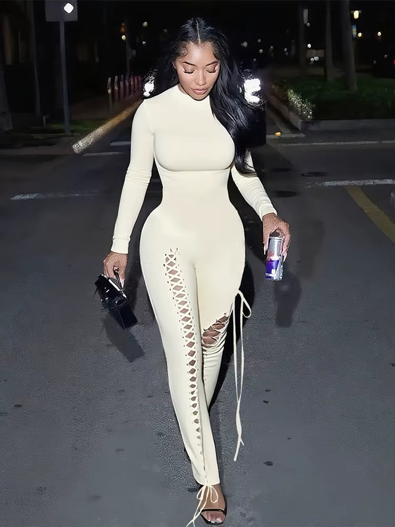 Sexy Fall Jumpsuits Women Diy Shirring O-Neck Full Sleeve Midnight Party Club Stretch Activity Fitness Slim Overalls