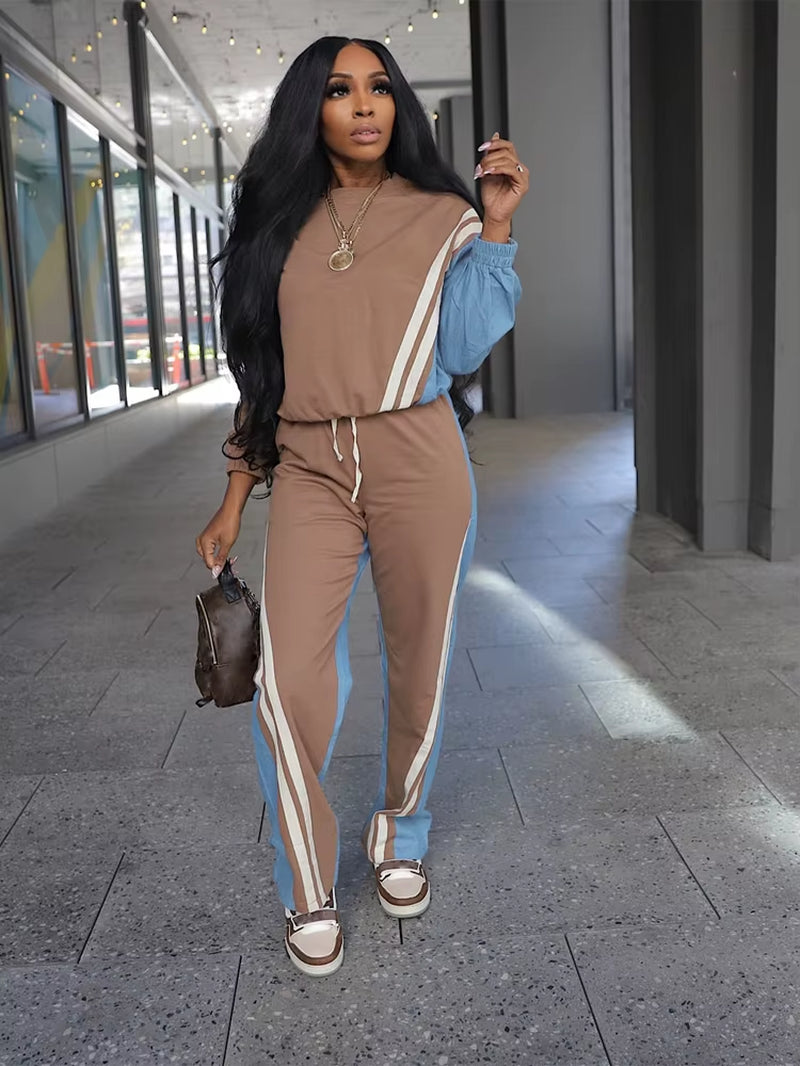 Elevate Your Fall Wardrobe with Our Stylish Women's Color Block Stripe Sweatsuit Set – Perfect for Sports and Leisure!