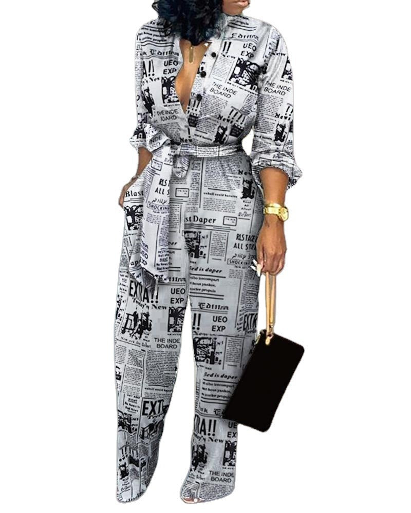 European And American Women's Clothing Elegant Cardigan Stitching Printing Jumpsuit - Dazzling Beauty Solution