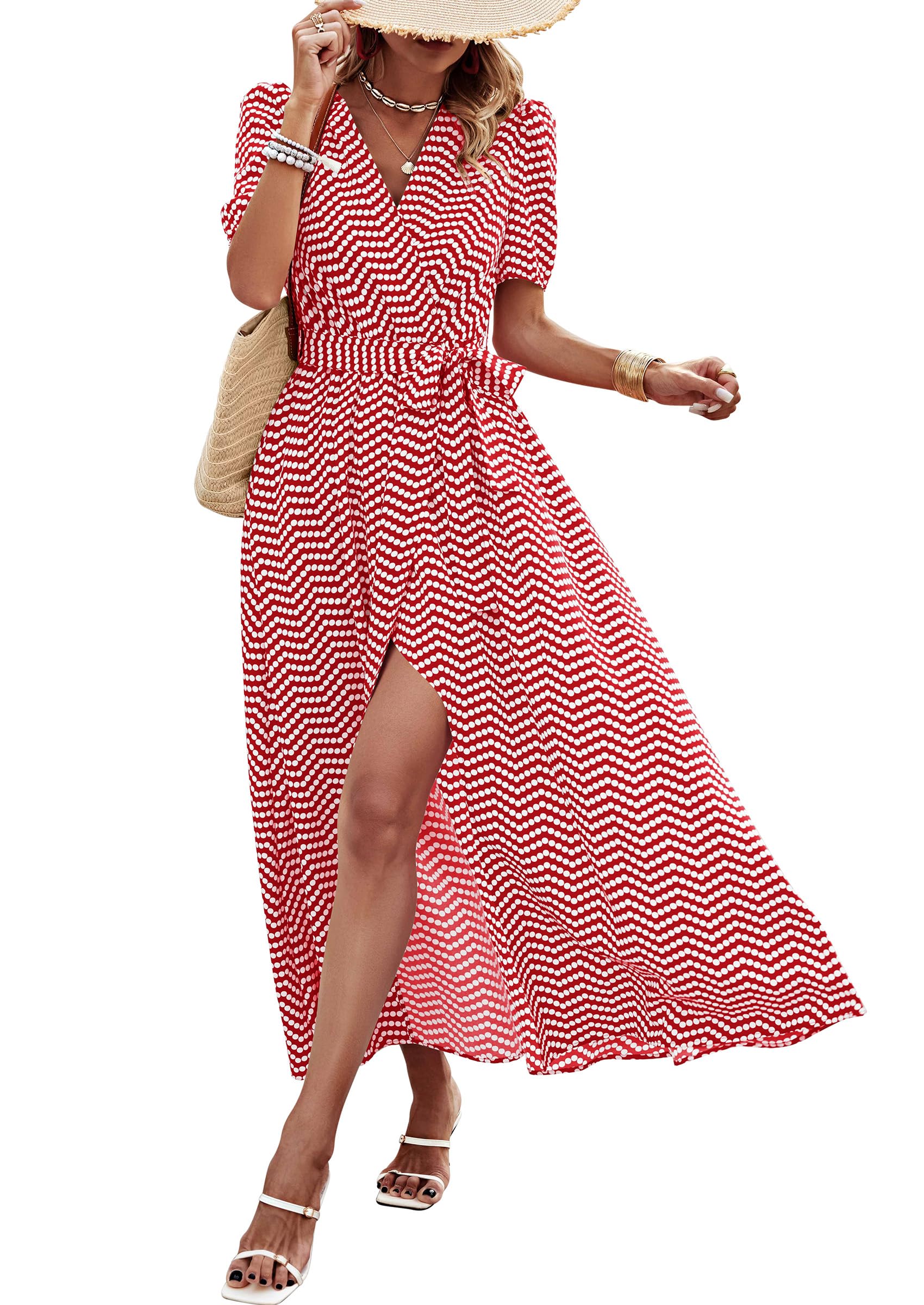 Women's Boho Floral Maxi Dress – Short Sleeve Wrap V-Neck Long Beach Dress