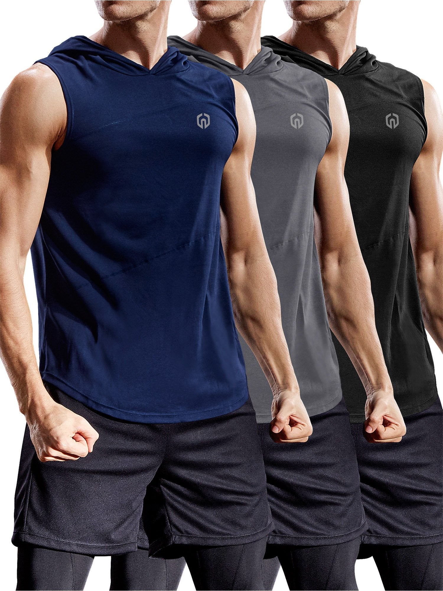 NELEUS Men's Dry Fit Hooded Muscle Tank Top - Athletic Workout Running Shirt 3-Pack