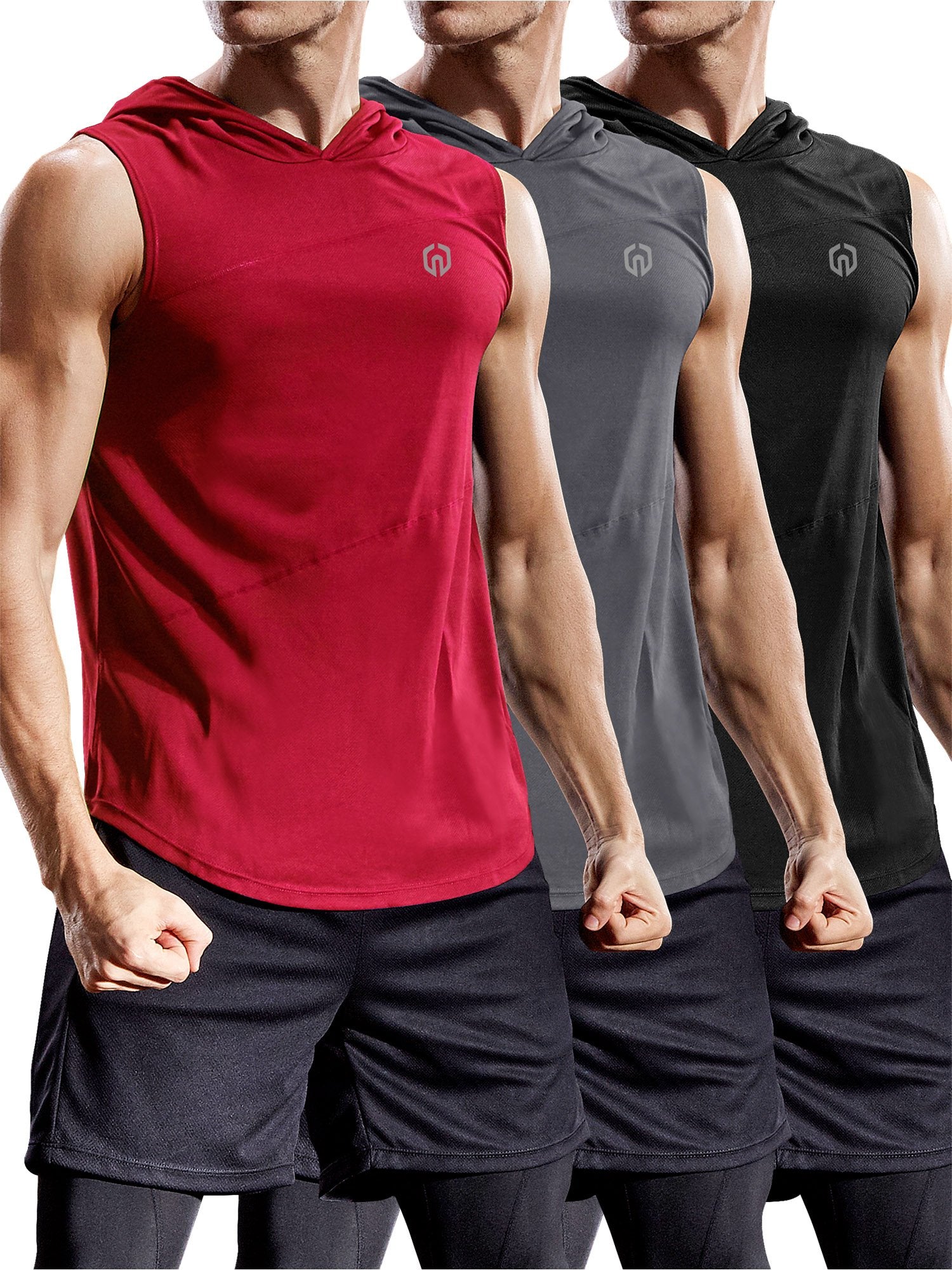 NELEUS Men's Dry Fit Hooded Muscle Tank Top - Athletic Workout Running Shirt 3-Pack