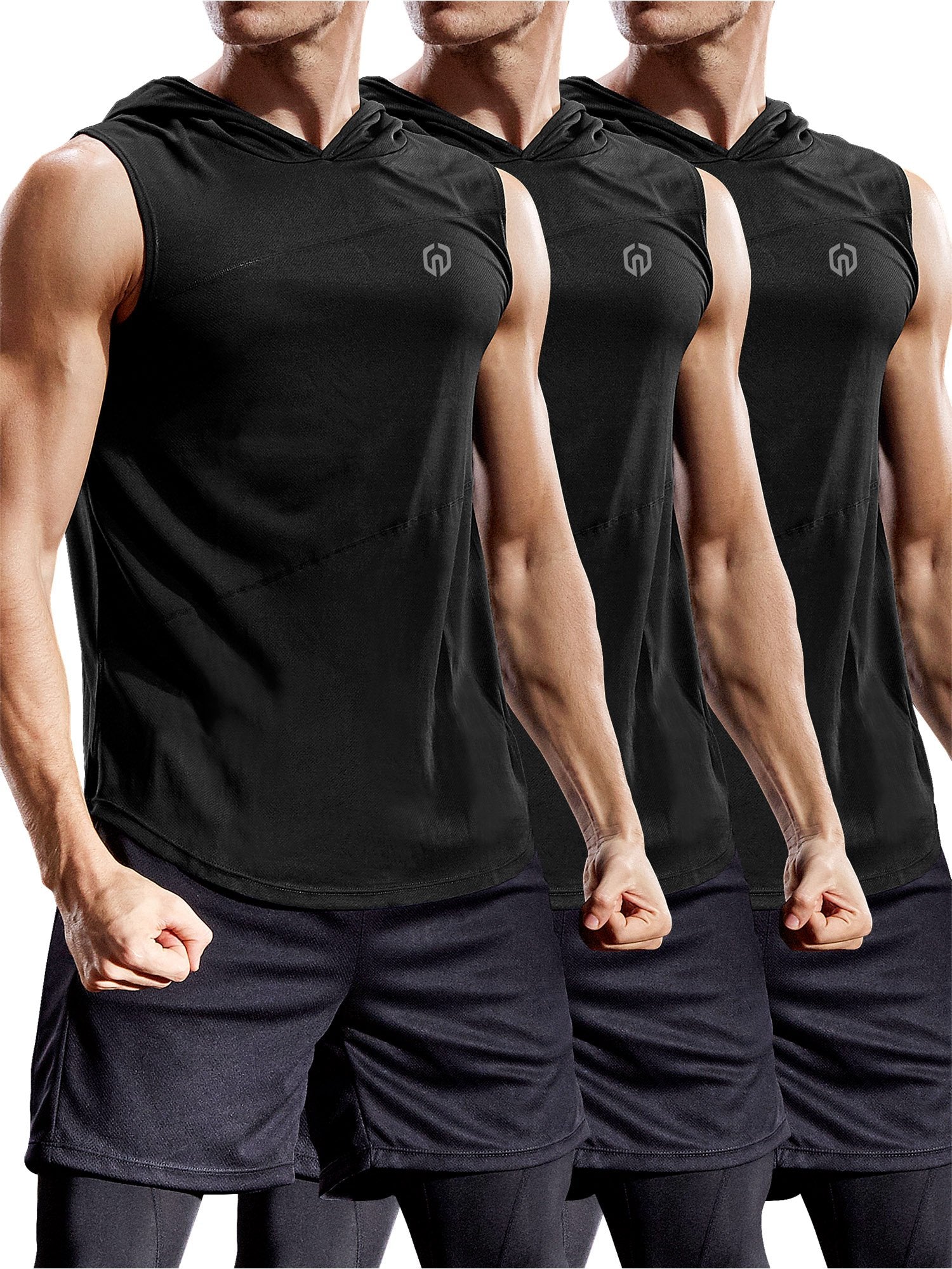 NELEUS Men's Dry Fit Hooded Muscle Tank Top - Athletic Workout Running Shirt 3-Pack