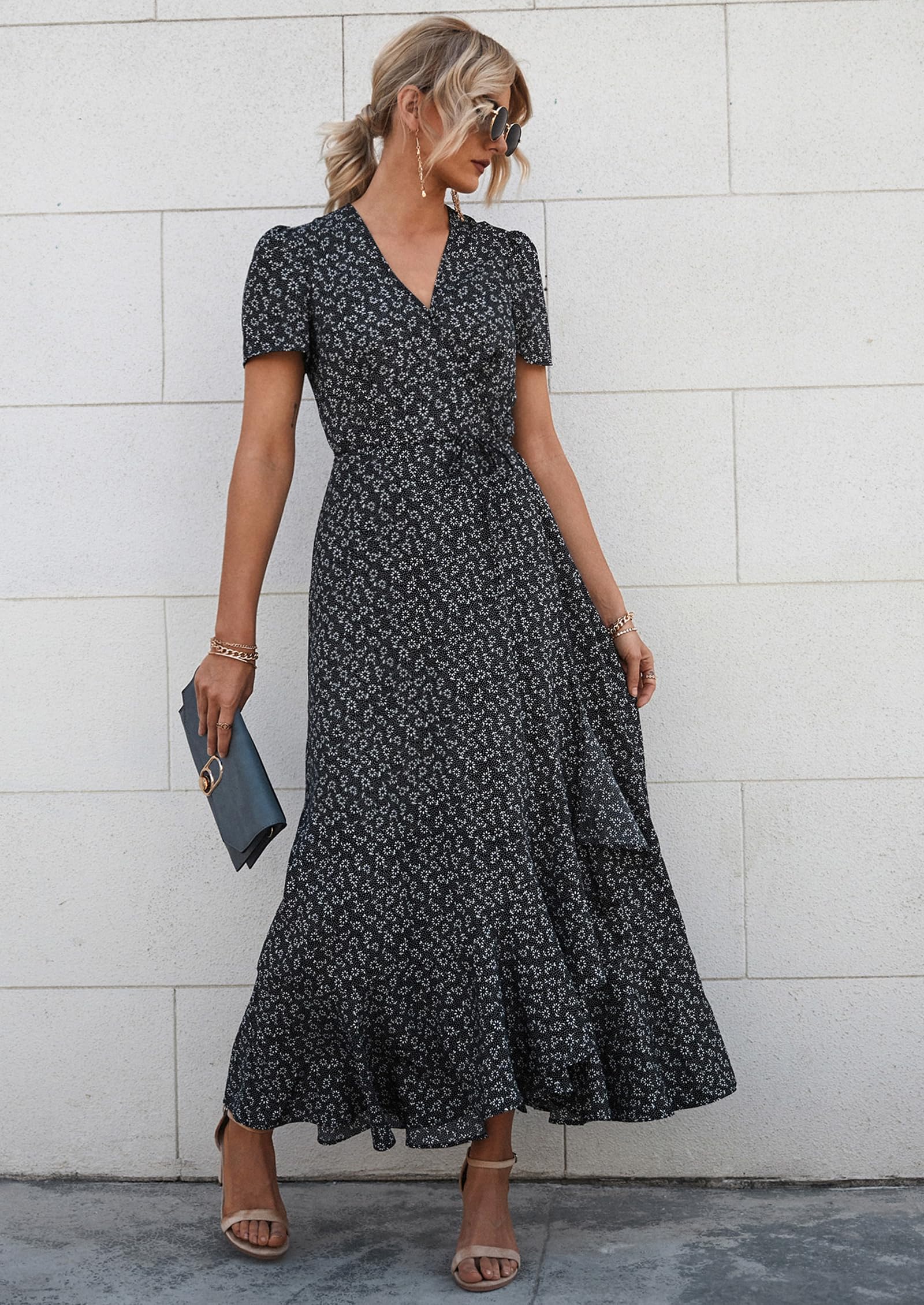 Women's Boho Floral Maxi Dress – Short Sleeve Wrap V-Neck Long Beach Dress