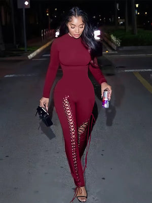 Sexy Fall Jumpsuits Women Diy Shirring O-Neck Full Sleeve Midnight Party Club Stretch Activity Fitness Slim Overalls