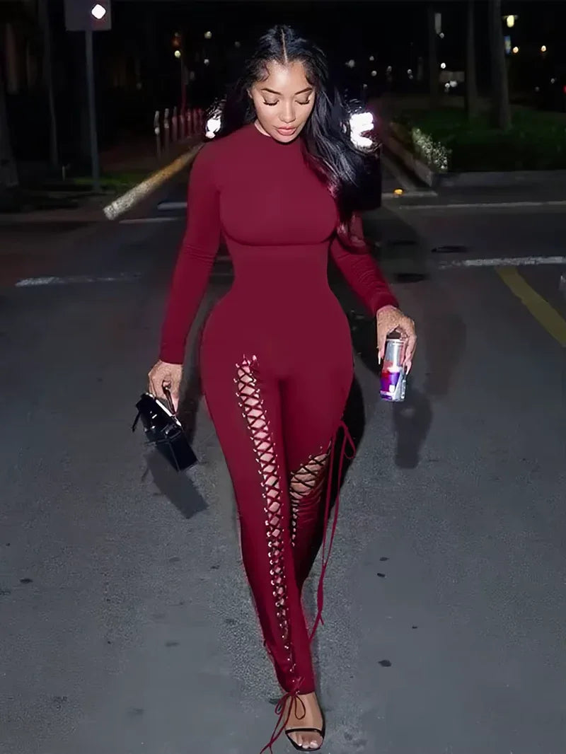 Sexy Fall Jumpsuits Women Diy Shirring O-Neck Full Sleeve Midnight Party Club Stretch Activity Fitness Slim Overalls - Dazzling Beauty Solution