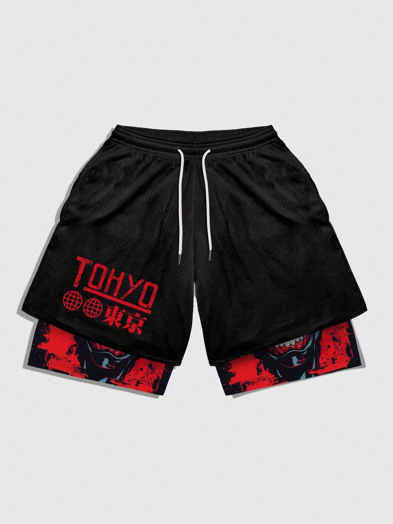ROMWE MEN Anime Men'S Simple Figure Graphic Drawstring Waist Basketball Shorts, School
