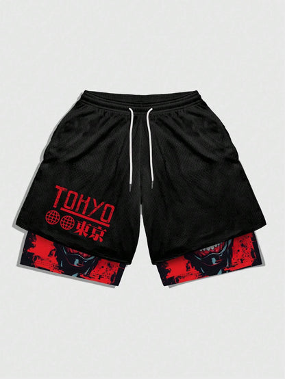 ROMWE MEN Anime Men'S Simple Figure Graphic Drawstring Waist Basketball Shorts, School