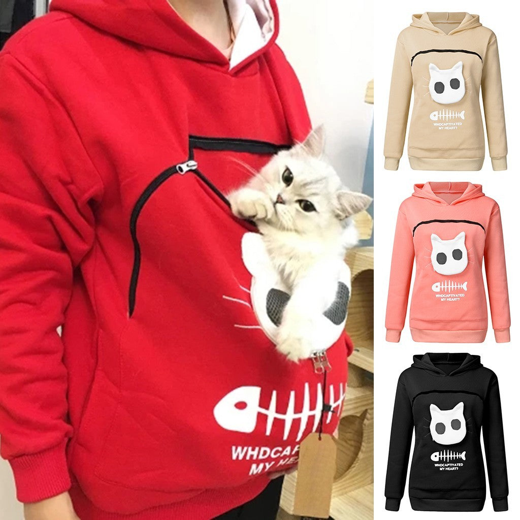 Women Hoodie Sweatshirt With Cat Pet Pocket Design Long Sleeve Sweater Cat Outfit - Dazzling Beauty Solution