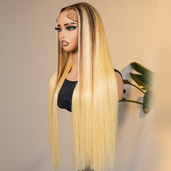 Honey Blonde Ombre Wig Super Invisible Lace Wig Straight Human Hair With Dark Roots