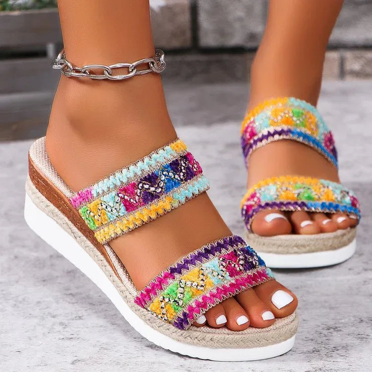 Fashion Wavy Pattern Woven Sandals Summer Casual Ethnic Style Slippers Linen Bottom Wide Strap Wedges Shoes For Women - Dazzling Beauty Solution