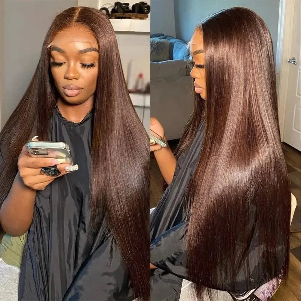 Long Straight Lace Front Wig with Side Bangs – Medium Dark Brown - Dazzling Beauty Solution