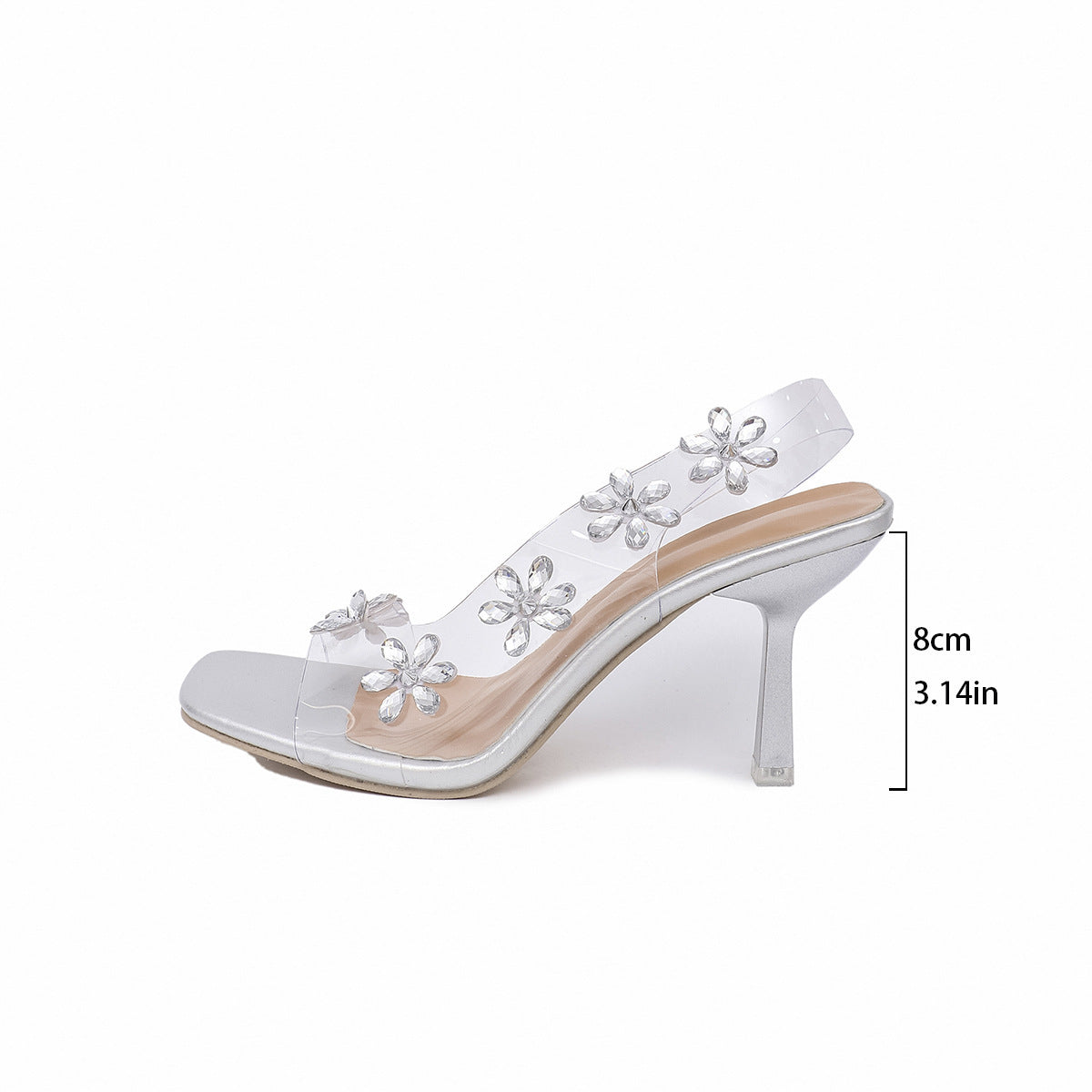 New Sandals For Women Summer Transparent PVC Rhinestone Flowers Slingback Pumps Elegant Square Toe Female Sexy High Heels - Dazzling Beauty Solution