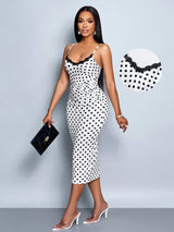 SOLERSUN Spring and Summer Elegant Commuting Retro Sexy Business Old-Money Style Casual Sleeveless V-Neck Valentine'S Day Wedding Season Party Holiday Music Festival Black Sexy Lace Suspender Waist Gathered Slimming Extreme Waist-To-Hip Ratio Short-Sleeved Hip-Covering White Polka Dot Mid-Length Dress for Women