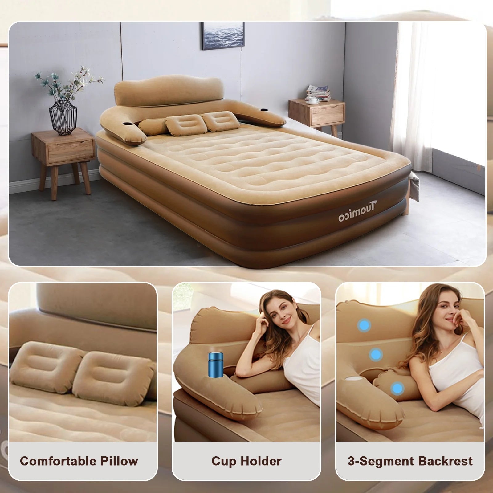 18In Queen Air Mattress with Headboard, Inflatable Mattress Airbed for Camping