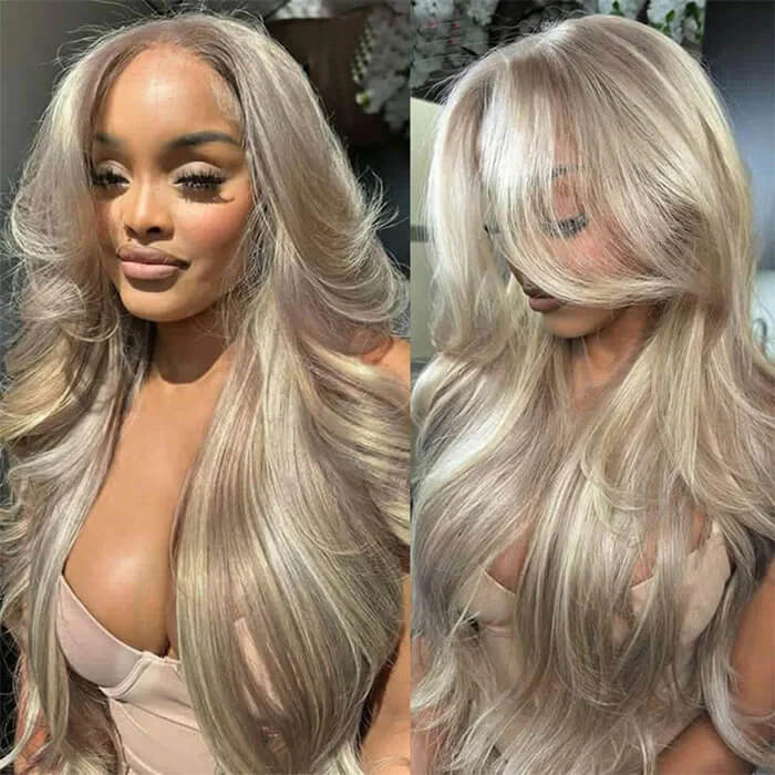 Blonde Highlight Curtain Bangs Body Wave Wigs Lace Frontal Layered Human Hair Wigs