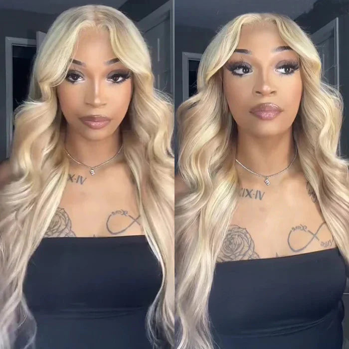 Blonde Highlight Curtain Bangs Body Wave Wigs Lace Frontal Layered Human Hair Wigs