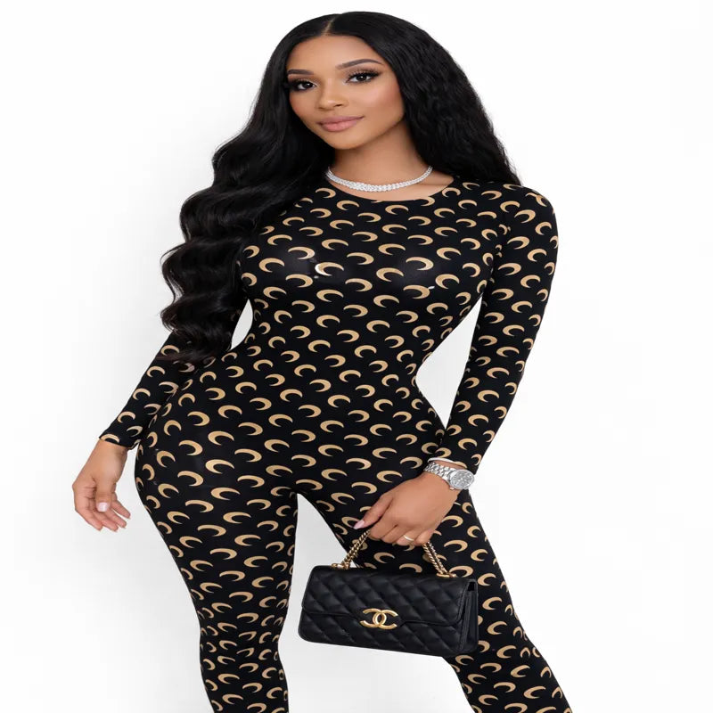 Women's Moon Print Jumpsuit - Sexy Slim Fit Long Sleeve Bodysuit