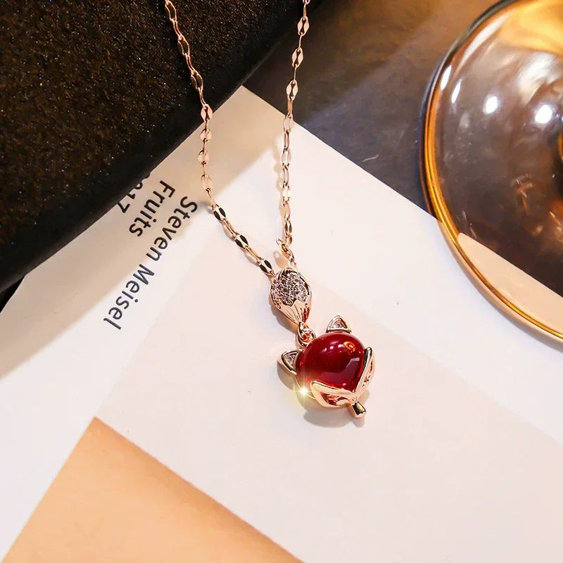 Red Gemstone Fox Pendant Necklace – Korean-Inspired Titanium Steel Clavicle Chain - Dazzling Beauty Solution