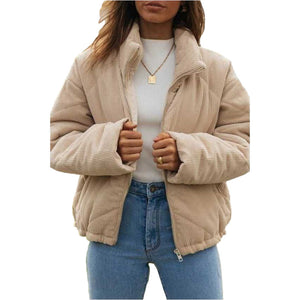 Women's Wadded Stand Collar Long Sleeve Corduroy Zipper Jacket - Dazzling Beauty Solution