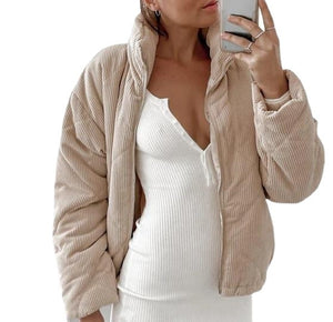 Women's Wadded Stand Collar Long Sleeve Corduroy Zipper Jacket - Dazzling Beauty Solution