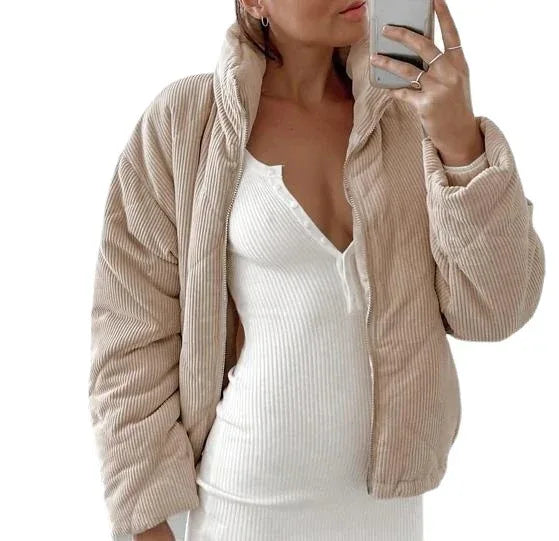 Women's Wadded Stand Collar Long Sleeve Corduroy Zipper Jacket - Dazzling Beauty Solution