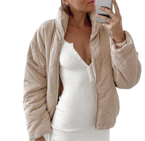 Women's Wadded Stand Collar Long Sleeve Corduroy Zipper Jacket - Dazzling Beauty Solution