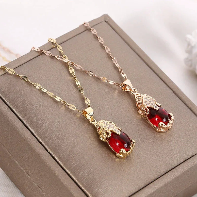 Red Gemstone Fox Pendant Necklace – Korean-Inspired Titanium Steel Clavicle Chain - Dazzling Beauty Solution