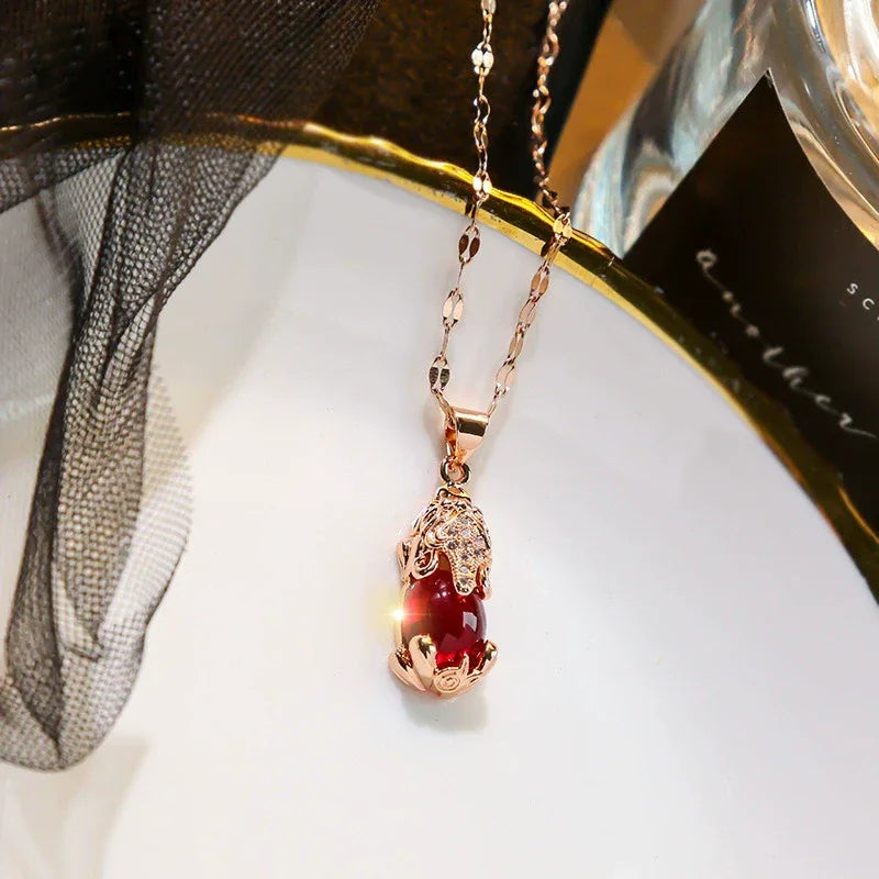 Red Gemstone Fox Pendant Necklace – Korean-Inspired Titanium Steel Clavicle Chain - Dazzling Beauty Solution